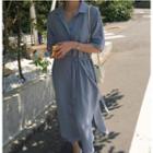 Elbow-sleeve Plain Midi Shirt Dress Blue - One Size