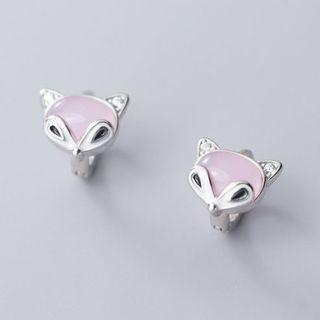 925 Sterling Silver Cat Eye Stone Fox Earring 1 Pair - Silver & Light Pink - One Size