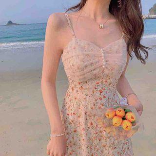 Spaghetti Strap Flower Print Mesh Panel A-line Dress