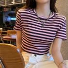 Short-sleeve Striped Cut-out Drawstring Top