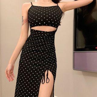 Spaghetti Strap Dotted Cutout Drawstring A-line Dress
