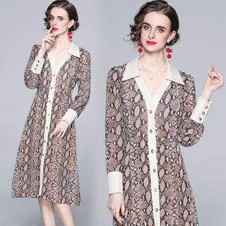 Snake Skin Print Midi A-line Shirt Dress