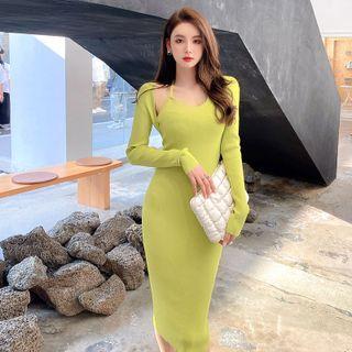 Long-sleeve Mock Two-piece Knit Sheath Dress