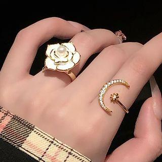 Flower Open Ring / Rhinestone Moon Open Ring / Set