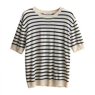 Crewneck Striped Two Tone Knit Top Blue - One Size