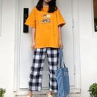 Cartoon Print Short-sleeve T-shirt / Plaid Straight-cut Crop Pants