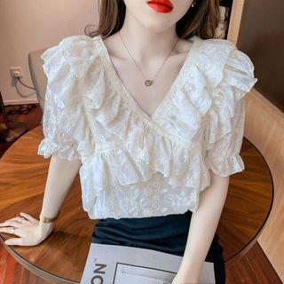 Short-sleeve Floral Ruffle Blouse