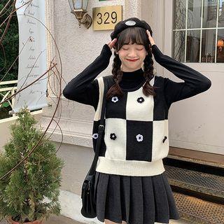 Two Tone Floral Sweater Vest Black - One Size