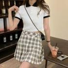 Short-sleeve Bear Polo Shirt / Plaid A-line Skirt