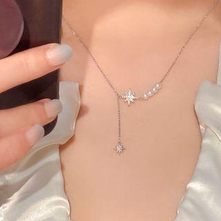 Star Pendant Faux Pearl Stainless Steel Necklace 1pc - Silver & White - One Size