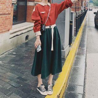 Long-sleeve Color-block Tie-waist Midi Dress