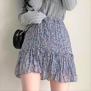 Floral Shirred Ruffle Trim Mini A-line Skirt