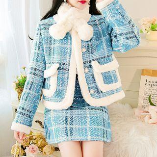 Set: Fluffy Trim Tweed Jacket + Mini A-line Skirt