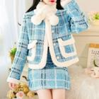 Set: Fluffy Trim Tweed Jacket + Mini A-line Skirt