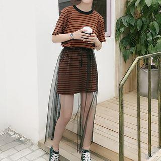 Set: Short-sleeve Striped T-shirt Dress + Sheer Midi Skirt