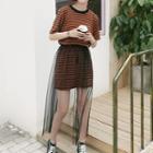 Set: Short-sleeve Striped T-shirt Dress + Sheer Midi Skirt