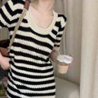 Short-sleeve Striped Pointelle Knit Mini Dress Black & White - One Size