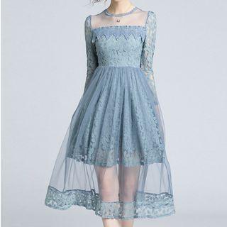 Long-sleeve Mesh Panel Midi Lace Dress