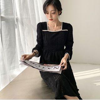 Square-neck Lace Woolen A-line Dress