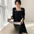 Square-neck Lace Woolen A-line Dress