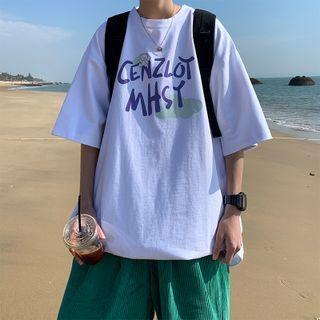 Elbow-sleeve Lettering T-shirt / Straight Leg Pants