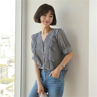 V-neck Frill-trim Gingham Blouse