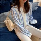Long-sleeve Stripe Contrast Cardigan Stripes - Blue & White - One Size