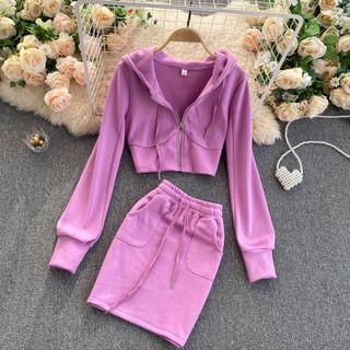 Set Of 2 : Hooded Cropped Top + Drawstring Skirt