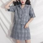 Set: Plaid Short-sleeve Shirt Jacket + A-line Skirt As Shown In Figure - One Size