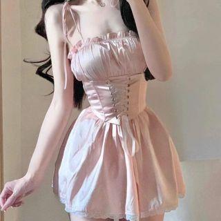 Set: Spaghetti-strap Lace-up Mini Corset Dress + Shorts