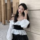 Long-sleeve Off Shoulder Blouse / Mini A-line Skirt