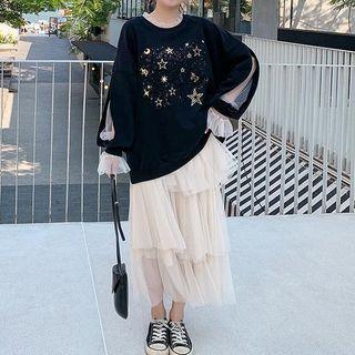 Set: Mesh Panel Print Sweatshirt + Mesh Midi Skirt