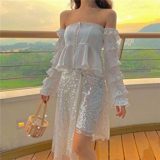 Boatneck Chiffon Top / Sequined A-line Skirt