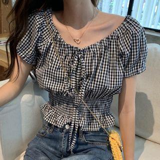 Plaid Short-sleeve Ruffled Cropped Blouse As Shown In Figure - One Size