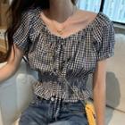 Plaid Short-sleeve Ruffled Cropped Blouse As Shown In Figure - One Size