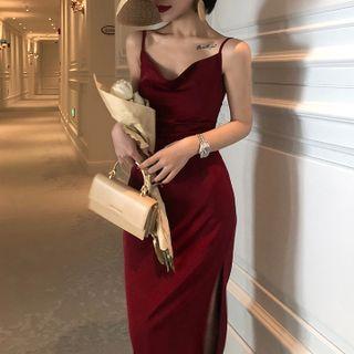 Spaghetti Strap Draped Slit Midi Sheath Dress