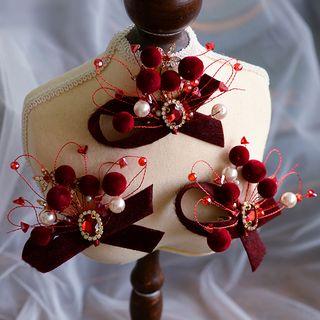 Set: Bridal Faux Pearl Hair Clip + Clip-on Dangle Earring 1 Pair Earring & 3 Hair Clip - Wine Red - One Size