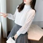 Frill Trim Stand Collar Lace Panel Puff Sleeve Blouse