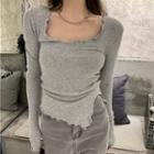 Plain Wood Ear Trim Slit Long-sleeve T-shirt