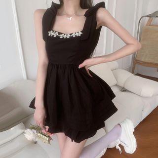 Set: Sleeveless Rhinestone Mini A-line Dress + Shorts