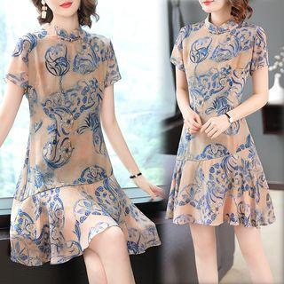 Printed Short-sleeve Mandarin-collar Silk Dress