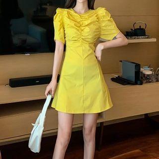 Puff-sleeve Shirred-front A-line Dress