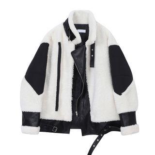 Stand-collar Faux Leather Panel Fleece Jacket