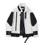 Stand-collar Faux Leather Panel Fleece Jacket
