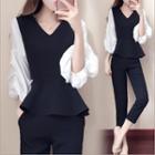 Set: Long-sleeve V-neck Blouse + Cropped Straight-fit Pants