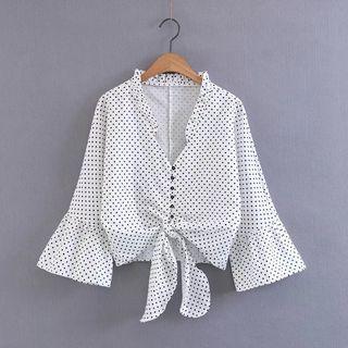 Dotted Frill Trim V-neck 3/4 Sleeve Blouse