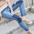 Ripped Two-tone Cropped Slim-fit Jeans