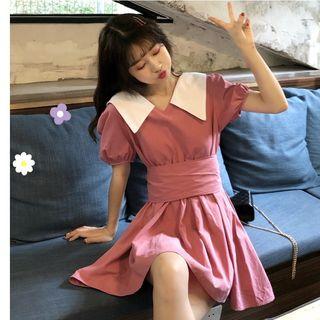 Collared Tie-waist Short-sleeve A-line Dress