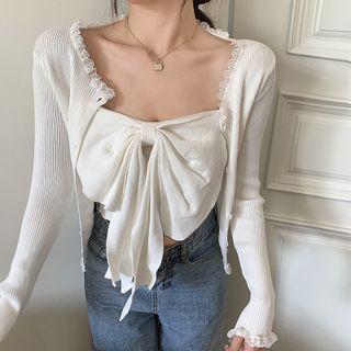 Bow Cropped Knit Camisole Top / Cardigan