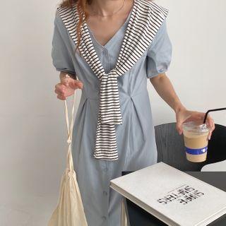 Mock Two-piece Puff-sleeve A-line Midi Dress As Shown In Figure - One Size